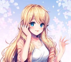 Rule 34 | 1girl, artist name, blonde hair, blue eyes, blush, breasts, closed mouth, collarbone, commission, hand on own head, highres, long hair, looking at viewer, medium breasts, original, sasucchi95, shirt, signature, smile, solo, upper body, very long hair, watermark, white shirt