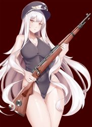 Rule 34 | 1girl, :o, absurdres, alternate costume, bare shoulders, black leotard, blush, bolt action, breasts, cameltoe, chiyo goya, cleavage, collarbone, cross, girls&#039; frontline, gluteal fold, groin, gun, hair between eyes, hat, highleg, highleg leotard, highres, holding, holding gun, holding weapon, iron cross, kar98k (girls&#039; frontline), large breasts, leotard, long hair, looking at viewer, mauser 98, open mouth, peaked cap, red background, red eyes, rifle, shiny skin, sidelocks, simple background, solo, thighs, very long hair, weapon, white hair