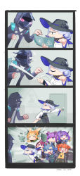 Rule 34 | 1other, 4koma, 6+girls, :d, ahoge, animal ears, arknights, beagle (arknights), blonde hair, blue eyes, blue hair, blush stickers, breasts, broken wall, closed eyes, comic, commentary, doctor (arknights), fang (arknights), glasses, hair bun, hair ornament, hair over one eye, hairclip, hat, hibiscus (arknights), highres, holding, holding polearm, holding shield, holding spear, holding staff, holding sword, holding weapon, hood, hooded jacket, horns, jacket, kroos (arknights), lava (arknights), long hair, mask, melantha (arknights), multiple girls, nemo (leafnight), open mouth, orchid (arknights), pink eyes, polearm, purple eyes, purple hair, shield, siblings, silent comic, single hair bun, sisters, skirt, smile, spear, staff, sweatdrop, sword, twintails, weapon