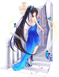Rule 34 | 1girl, agano (azur lane), agano (blue butterfly&#039;s confession) (azur lane), ahoge, azur lane, backless dress, backless outfit, bare shoulders, blue butterfly, blue dress, blue footwear, breasts, brown hair, bug, butterfly, butterfly hair ornament, closed mouth, cocktail dress, curtains, dress, expressions, from behind, full body, hair ornament, hecha (01964237), high heels, highres, holding, insect, long hair, looking at viewer, looking back, medium breasts, official alternate costume, official art, petals, ponytail, pumps, red eyes, sakura empire (emblem), shoes, sleeveless, sleeveless dress, smile, solo, stairs, stiletto heels, transparent background, very long hair