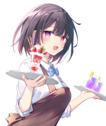 Rule 34 | 1girl, :d, apron, black hair, blue bow, blue bowtie, blush, bow, bowtie, breasts, brown apron, collared shirt, commentary request, cup, dress shirt, drink, drinking glass, food, fruit, hands up, holding, holding tray, ice, ice cube, lemon, lemon slice, long sleeves, looking at viewer, medium breasts, open mouth, parfait, red eyes, satou koharu, shio taiou no satou-san ga ore ni dake amai, shirt, simple background, smile, solo, strawberry, tetsu tissue, tray, wafer stick, white background, white shirt
