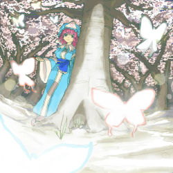 Rule 34 | 1girl, 96, breasts, bug, butterfly, cherry blossoms, dress, female focus, forest, hat, bug, large breasts, light smile, mob cap, nannaru (nananana), nature, outdoors, pink hair, saigyouji yuyuko, sash, solo, tabi, touhou, tree