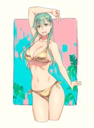 Rule 34 | 1girl, alternate costume, bikini, breasts, cleavage, collarbone, commentary request, feet out of frame, gold bikini, green eyes, green hair, highres, kantai collection, large breasts, long hair, looking at viewer, navel, side-tie bikini bottom, sidelocks, smile, solo, suzuya (kancolle), swimsuit, thighs, traditional media, v, yellow bikini, yuuji (and)