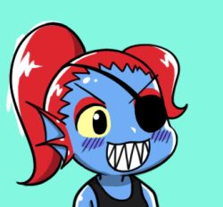 Rule 34 | &gt;:d, 1girl, :d, aqua background, bad id, bad pixiv id, blue skin, blush, chibi, colored sclera, colored skin, eyepatch, eyeshadow, gyate gyate, lowres, makeup, monster, monster girl, open mouth, ponytail, portrait, red hair, sharp teeth, simple background, smile, solo, tank top, teeth, undertale, undyne, upper body, v-shaped eyebrows, yaruky, yellow sclera