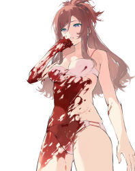 Rule 34 | 1girl, azami (nemurenu hitsuji to kodoku na ookami), blood, blood on body, blood on face, blood splatter, bow, bow panties, bra, breasts, brown hair, commentary, cowboy shot, expressionless, from below, hair ornament, hairclip, half-closed eyes, half updo, hand up, highres, large breasts, long hair, looking down, nemurenu hitsuji to kodoku na ookami, panties, parted lips, pink bra, pink panties, purple eyes, sidelocks, simple background, solo, standing, swept bangs, symbol-only commentary, tuzaixia, underwear, underwear only, white background, wiping blood