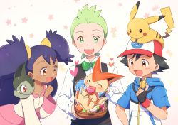 Rule 34 | 1girl, 2boys, :3, ash ketchum, axew, baseball cap, basket, big hair, black gloves, black hair, black vest, blouse, blue shirt, blush, blush stickers, bow, bowtie, brown eyes, cilan (pokemon), clenched hand, closed eyes, closed mouth, collarbone, creatures (company), dark-skinned female, dark skin, dress, fang, fingerless gloves, flat chest, food, forehead, full body, game freak, gen 1 pokemon, gen 5 pokemon, gloves, green eyes, green hair, green neckwear, hair tie, hand up, hands up, happy, hat, heart, highres, iris (pokemon), legendary pokemon, long hair, long sleeves, looking at another, macaron, matching hair/eyes, multiple boys, mythical pokemon, nintendo, on head, open mouth, outline, pikachu, poke ball symbol, poke ball theme, pokemon, pokemon (anime), pokemon (creature), pokemon bw (anime), pokemon on head, pokemon the movie: white/black - victini and zekrom/reshiram, purple hair, red eyes, red headwear, shirt, short hair, simple background, smile, standing, star (symbol), teeth, traditional bowtie, two side up, upper body, vest, victini, white outline, white shirt, yuki56