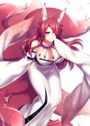 1girl, animal ear fluff, animal ears, bare shoulders, breasts, cleavage, detached sleeves, dress, fox ears, fox tail, hair over one eye, jewelry, konshin, large breasts, long hair, looking at viewer, multiple tails, necklace, original, red hair, solo, strapless, strapless dress, tail, white background, white dress, wide sleeves