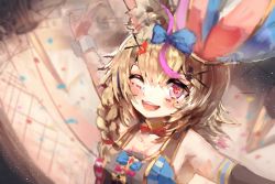 Rule 34 | 1girl, animal ears, armpits, bare shoulders, blonde hair, blush, bow, bowtie, braid, circus, club (shape), confetti, diamond (shape), fennec fox, fox ears, fox girl, greypidjun, hair bow, hair ornament, hairclip, heart, heart-shaped pupils, highres, hololive, omaru polka, omaru polka (1st costume), one eye closed, open mouth, outstretched arms, pink eyes, smile, solo, spade (shape), symbol-shaped pupils, tightrope, virtual youtuber