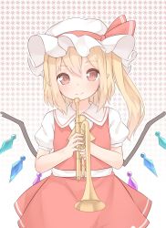 Rule 34 | 1girl, blonde hair, blush, bow, closed mouth, collared shirt, cowboy shot, flandre scarlet, hat, hat bow, highres, holding, holding instrument, instrument, looking at viewer, mob cap, pointy ears, red bow, red eyes, red skirt, sakurea, shirt, short sleeves, side ponytail, skirt, skirt set, smile, solo, touhou, trumpet, white hat, white shirt