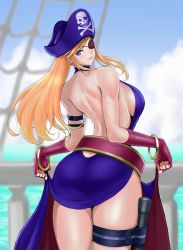 Rule 34 | 1girl, ass, b.jenet, backless dress, backless outfit, belt, blonde hair, blue eyes, breasts, butt crack, dress, eyepatch, fingerless gloves, garou mark of the wolves, gloves, gold bracelet, hat, highres, holster, jenet behrn, large breasts, long hair, looking at viewer, looking back, pirate hat, purple dress, sideboob, smile, snk, solo, the king of fighters, thigh holster