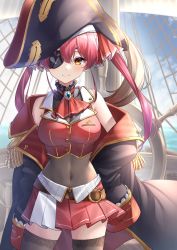 Rule 34 | 1girl, absurdres, blush, breasts, cleavage, commentary request, eyelashes, eyepatch, eyes visible through hair, hair between eyes, hair ornament, hat, highres, hololive, houshou marine, large breasts, long hair, looking at viewer, pink hair, pirate, pirate hat, see-through, see-through cleavage, solo, tsurupy, virtual youtuber
