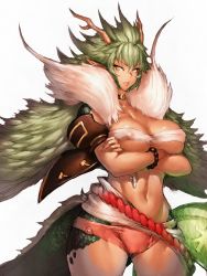 Rule 34 | 1girl, breasts, cleavage, curvy, dragon tail, covered erect nipples, female focus, fumio (rsqkr), green eyes, green hair, horns, large breasts, lips, long hair, looking at viewer, matching hair/eyes, monster girl, pointy ears, simple background, solo, tail, thick thighs, thighs, underboob, white background, wide hips