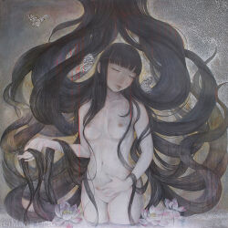 Rule 34 | 12co, 1girl, absurdly long hair, artist name, black hair, blunt bangs, breasts, bug, butterfly, closed eyes, completely nude, copyright notice, cowboy shot, flower, head tilt, insect, long hair, lotus, navel, nipples, nude, original, pale skin, small breasts, solo, traditional media, very long hair, white butterfly