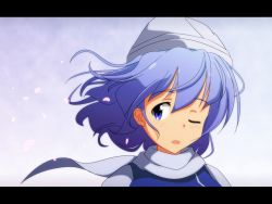 Rule 34 | 1girl, blue eyes, blue hair, cato (monocatienus), cherry blossoms, female focus, hat, letterboxed, letty whiterock, matching hair/eyes, one eye closed, open mouth, perfect cherry blossom, petals, scarf, solo, touhou, white scarf, wind, wink