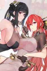 Rule 34 | 2girls, armpits, asymmetrical docking, azur lane, bare shoulders, black dress, black flower, black gloves, black hair, bodystocking, braid, breast press, breasts, brown gloves, chen hai (azur lane), chen hai (vestibule of wonders) (azur lane), china dress, chinese clothes, cleavage, closed mouth, collarbone, commentary, cowboy shot, crown braid, dress, earrings, flower, gloves, gold trim, grey dress, hair between eyes, hair fan, hair ornament, half gloves, highres, holding, holding phone, jewelry, large breasts, long hair, looking at viewer, marshall k, monarch (azur lane), monarch (black gerard) (azur lane), multiple girls, official alternate costume, parted lips, phone, profile, purple eyes, red hair, romaji commentary, short sleeves, sideboob, sidelocks, simple background, sleeveless, sleeveless dress, smile, thighlet, white background