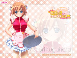 Rule 34 | 1990s (style), 1girl, apron, blue eyes, blush, bracelet, breasts, bun cover, carrot, china dress, chinese clothes, double bun, dress, female focus, food-themed clothes, frills, hand on own hip, hip focus, jewelry, kugahara mimori, non-web source, orange hair, pia carrot (series), pia carrot e youkoso!!, pia carrot e youkoso!! g.o., retro artstyle, short hair, smile, solo, tray, waist apron, waitress, wallpaper, zoom layer