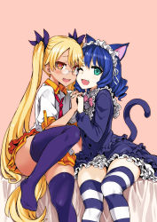 Rule 34 | 10s, 2girls, :d, ;d, animal ears, asanagi, bell, blonde hair, blue hair, blush, cat ears, cat tail, cheek-to-cheek, cyan (show by rock!!), dog tail, dress, drill hair, fang, feet, frilled skirt, frills, glasses, green eyes, headdress, heads together, heart, heart-shaped pupils, highres, jingle bell, layered skirt, leg lift, long hair, long sleeves, looking at viewer, miniskirt, multiple girls, necktie, no shoes, one eye closed, open mouth, orange eyes, own hands clasped, own hands together, pink background, pleated skirt, purple legwear, retoree (show by rock!!), show by rock!!, simple background, sitting, skirt, smile, socks, striped clothes, striped legwear, striped thighhighs, symbol-shaped pupils, tail, tan, thighhighs, thighs, twintails, very long hair, yuri