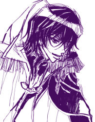 Rule 34 | 1boy, black hair, clothes, code geachu lelouch of the calamity, code geass, from side, kou (suzalulu), lelouch vi britannia, male focus, monochrome, purple eyes, purple theme, simple background, sketch, smile, solo, uniform, upper body, v-shaped eyebrows, white background