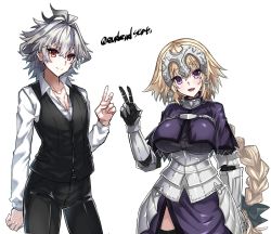 Rule 34 | 1boy, 1girl, armor, artist name, blonde hair, braid, braided ponytail, breasts, commentary request, cowboy shot, fate/apocrypha, fate (series), grey hair, hair between eyes, haoro, jeanne d&#039;arc (fate), jeanne d&#039;arc (ruler) (fate), large breasts, long hair, long sleeves, looking at viewer, open mouth, purple eyes, red eyes, sieg (fate), simple background, smile, tongue, twitter username, v, watermark, white background