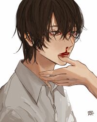 Rule 34 | 1boy, 1girl, blood, brown eyes, brown hair, buttons, collared shirt, commentary, hair over eyes, hand on another&#039;s mouth, highres, kagoya1219, long bangs, looking at another, male focus, nosebleed, original, out of frame, parted lips, shirt, short hair, signature, simple background, solo focus, upper body, white background, white shirt