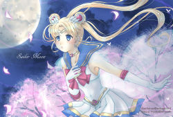 Rule 34 | 1girl, bishoujo senshi sailor moon, blonde hair, blue eyes, blue sailor collar, brooch, bug, butterfly, character name, cherry blossoms, choker, double bun, earrings, elbow gloves, english text, engrish text, gloves, hair bun, hair ornament, headband, heart, heart brooch, insect, jewelry, long hair, mikage (hotair), moon, multicolored clothes, multicolored skirt, night, night sky, petals, pleated skirt, ranguage, ribbon, sailor collar, sailor moon, skirt, sky, solo, super sailor moon, tsukino usagi, twitter username, very long hair, white gloves, wings