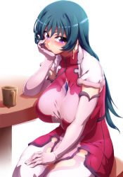 Rule 34 | 1girl, blue hair, blush, breasts, chair, commentary request, cup, dress, earrings, elbow gloves, elbows on table, gloves, hand on own cheek, hand on own face, highres, jewelry, kotona elegance, large breasts, legs together, long hair, pink dress, pink gloves, pink thighhighs, purple eyes, short dress, simple background, solo, table, taut clothes, thighhighs, tokyo (great akuta), white background, zoids, zoids genesis