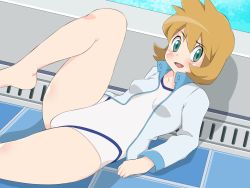 Rule 34 | 1girl, bare legs, bare shoulders, blush, breasts, competition swimsuit, cowboy shot, creatures (company), eyelashes, game freak, gen 2 pokemon, hair between eyes, highres, jacket, legs, long sleeves, looking at viewer, misty (pokemon), nintendo, one-piece swimsuit, open clothes, open jacket, orange hair, pokemon, pokemon hgss, short hair, solo, swimsuit, thighs, umejiru, white one-piece swimsuit