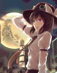 Rule 34 | 2girls, arm behind head, arm up, backpack, bag, belt, black belt, black hair, black hat, black neckwear, black skirt, blonde hair, blush, bow, breasts, cityscape, cloud, commentary request, culter, dress, fedora, full moon, goggles, goggles on headwear, hair bow, hat, hat bow, holding, holding goggles, juliet sleeves, long sleeves, looking at viewer, maribel hearn, mob cap, moon, multiple girls, necktie, night, night sky, open mouth, parted lips, puffy sleeves, purple dress, purple eyes, sample watermark, shirt, short hair, skirt, sky, small breasts, smile, steampunk, touhou, upper body, usami renko, watermark, white bow, white hat, white shirt, wing collar