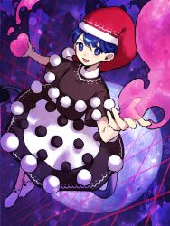 Rule 34 | 1girl, black capelet, blob, blue eyes, blue hair, blush, capelet, doremy sweet, dream soul, dress, full body, hat, highres, kaigen 1025, looking at viewer, multicolored clothes, multicolored dress, nightcap, open mouth, pom pom (clothes), red hat, short hair, smile, socks, solo, tail, tapir tail, touhou, white socks