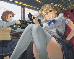 Rule 34 | 2girls, ai arctic warfare, bandages, battle, blonde girl (itou), blonde hair, blood, blue eyes, bolt action, bra, breasts, casing ejection, cleavage, clenched teeth, gun, hair ribbon, handgun, highres, itou (onsoku tassha), large breasts, legs, lingerie, locked slide, magazine (weapon), magazine ejection, multiple girls, original, panties, pantyshot, pistol, ponytail, reloading, ribbon, rifle, school uniform, scope, shell casing, sig sauer, sitting, sniper rifle, sweat, sweater vest, teeth, thighhighs, torn clothes, trigger discipline, unbuttoned, underwear, weapon, wince