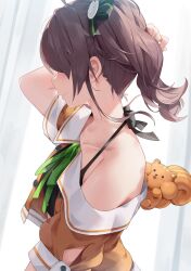 Rule 34 | 1girl, absurdres, black ribbon, brown shirt, closed mouth, collarbone, commentary request, from side, green ribbon, hair ornament, hair ribbon, halterneck, hand up, highres, hololive, kaguya (srx61800), natsuiro matsuri, off shoulder, one side up, ribbon, sailor collar, shirt, short hair, short sleeves, single bare shoulder, solo, squirrel, upper body, virtual youtuber, white sailor collar