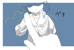 Rule 34 | 1girl, 1other, arona (blue archive), blue archive, blue background, hair over one eye, hairband, halo, index finger raised, japanese text, looking at viewer, ribbon, riya (01214), school uniform, serafuku, simple background