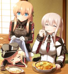 Rule 34 | 10s, 3girls, = =, anchor hair ornament, aqua eyes, bare shoulders, bismarck (kancolle), black ribbon, black skirt, blanket, blonde hair, blush, breasts, camouflage, capelet, covering with blanket, cross, detached sleeves, eating, closed eyes, food, food on face, gloves, goribote, graf zeppelin (kancolle), hair between eyes, hair ornament, hat, indoors, iron cross, kantai collection, large breasts, long hair, long sleeves, low twintails, military, military hat, military uniform, multiple girls, peaked cap, prinz eugen (kancolle), pun, remodel (kantai collection), ribbon, sidelocks, skirt, sleeping, smile, table, twintails, uniform, white gloves, aged down