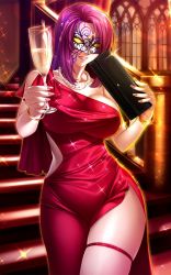 Rule 34 | 00s, 1girl, breasts, dress, evening gown, female focus, highres, jewelry, kagami hirotaka, koukawa oboro, lilith-soft, lipstick, makeup, mask, nail polish, necklace, oboro (taimanin asagi), red dress, skindentation, smile, solo, spoilers, taimanin (series), taimanin asagi, taimanin asagi kessen arena, thigh strap, wide hips