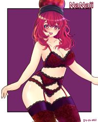 Rule 34 | 1girl, absurdres, artist name, blush, bra, collarbone, dated, earth (ornament), garter belt, hecatia lapislazuli, highres, lace, lace-trimmed bra, lace-trimmed legwear, lace-trimmed panties, lace trim, looking at viewer, messy hair, nanaii desu, panties, red eyes, red hair, solo, teeth, thighhighs, touhou, underwear, underwear only, upper body, upper teeth only