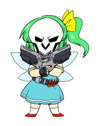 Rule 34 | 1girl, belt, blue dress, chibi, cosplay, crossover, daiyousei, dress, dual wielding, fairy wings, fingerless gloves, full body, gloves, green hair, gun, hair ribbon, highres, holding, mask, mouth mask, nazotyu, overwatch, overwatch 1, pun, reaper (overwatch), reaper (overwatch) (cosplay), ribbon, shotgun, shotgun shell, side ponytail, touhou, transparent background, weapon, wings