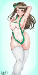 Rule 34 | 1girl, absurdres, apron, artist name, artist request, bare shoulders, barista, blush, bottomless, bow, breasts, brown eyes, brown hair, clenched hand, collarbone, female focus, green bow, grey hair, hair bow, hair rings, half-closed eyes, highres, large breasts, light brown hair, long hair, looking at viewer, love live!, love live! school idol project, medium breasts, minami kotori, naked apron, nipples, parted lips, ponytail, see-through, side ponytail, smile, solo, thighhighs, topless, white apron, white thighhighs, yellow eyes