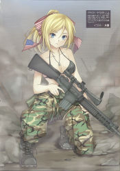 Rule 34 | 1girl, absurdres, american flag, bare shoulders, bikini, bikini top only, blonde hair, blue eyes, boots, breasts, cleavage, flag print, gun, hair ornament, highres, kneeling, long hair, looking at viewer, military, ponytail, serious, solo, swimsuit, translation request, weapon