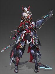 Rule 34 | 1girl, armor, arms at sides, blue eyes, full body, grey background, hair over one eye, headgear, highres, hood, hyemalequisetum, looking at viewer, mask, mechanical tail, mouth mask, original, pants, solo, standing, sword, tail, weapon, weapon on back, white hair