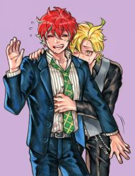 Rule 34 | 2boys, behind another, blonde hair, closed mouth, cowboy shot, flying sweatdrops, formal, green neckwear, haraodori sp, hypnosis mic, izanami hifumi, jacket, kannonzaka doppo, male focus, multicolored hair, multiple boys, necktie, open clothes, open jacket, purple background, red hair, salaryman, scared, simple background, suit, sweat, tears, two-tone hair, waistcoat, waving, yellow eyes