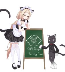 Rule 34 | 1girl, :3, :d, absurdres, alternate costume, animal ear fluff, animal ears, apron, black bow, black bowtie, black cat, black footwear, blonde hair, bow, bowtie, breasts, cat, cat ears, cat tail, chalkboard sign, cleavage, commentary request, counter:side, dated commentary, dress, english text, enmaided, fake animal ears, fake tail, forehead, frilled dress, frills, full body, hand on own cheek, hand on own face, high heels, highres, korean commentary, laura beatrix, leaning on object, long hair, looking at viewer, low ponytail, maid, maid apron, maid headdress, monocle, open mouth, parted bangs, pigeon-toed, pluto (counter:side), royalmonkey, short sleeves, sleeve cuffs, small breasts, smile, standing, tail, thighhighs, transparent background, very long hair, white thighhighs, yellow eyes, zettai ryouiki