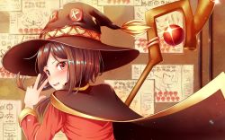 Rule 34 | 1girl, black hair, blush, breasts, cape, eyebrows, fingerless gloves, gloves, hat, highres, kono subarashii sekai ni shukufuku wo!, looking at viewer, looking back, megumin, open mouth, red eyes, short hair, small breasts, smile, solo, source request, staff, upper body, v, witch hat