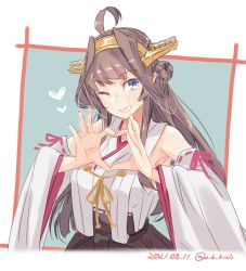 Rule 34 | 1girl, ahoge, alakoala, brown hair, dated, detached sleeves, double bun, grin, hair bun, hairband, headgear, heart, heart hands, japanese clothes, kantai collection, kongou (kancolle), kongou kai ni (kancolle), long hair, looking at viewer, one-hour drawing challenge, ribbon-trimmed sleeves, ribbon trim, smile, solo, twitter username