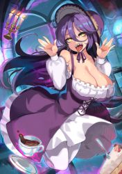 Rule 34 | breasts, cake, candle, candlestand, cleavage, commentary, cup, dress, english commentary, food, gothic lolita, hair between eyes, hat, highres, large breasts, lolita fashion, long hair, onigensou, open mouth, pantyhose, purple hair, sharp teeth, solo, teacup, teeth, telekinesis, tongue, tongue out, white pantyhose, yellow eyes