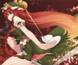 Rule 34 | 1girl, aqua eyes, braid, china dress, chinese clothes, clothes, cup, decantering, dress, female focus, hair tubes, hat, highres, hong meiling, long hair, pitcher (container), pouring, puffy short sleeves, puffy sleeves, red hair, ribbon, shingo (missing link), short sleeves, side braid, solo, star (symbol), tea, touhou, twin braids