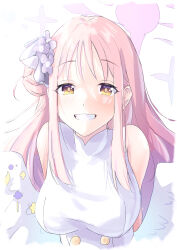 Rule 34 | 1girl, absurdres, bare shoulders, blue archive, blush, breasts, cosmos (rea1ityc0sm0s), dress, flower, hair between eyes, hair bun, hair flower, hair ornament, halo, highres, large breasts, long hair, looking at viewer, mika (blue archive), pink hair, pink halo, scrunchie, single side bun, sleeveless, smile, solo, upper body, white dress, white wings, wings, yellow eyes