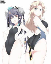 Rule 34 | 2girls, alternate costume, aqua headwear, ass, black one-piece swimsuit, black ribbon, blonde hair, breasts, candy, competition swimsuit, cowboy shot, crossed arms, food, garrison cap, grey eyes, grey hair, hair ornament, hair ribbon, hands on own hips, hat, holding, holding candy, holding food, hornet (kancolle), kantai collection, large breasts, long hair, looking at viewer, multiple girls, one-piece swimsuit, orange eyes, ribbon, scamp (kancolle), shigino sohuzi, side ponytail, small breasts, star (symbol), star hair ornament, swimsuit, white background