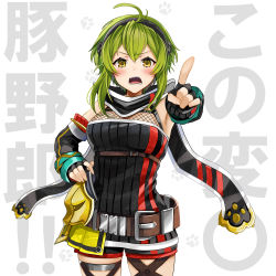 Rule 34 | 1girl, ahoge, black gloves, blush, breasts, brown eyes, commission, fingerless gloves, gloves, green hair, hand on own hip, large breasts, looking at viewer, open mouth, pointing, pointing at viewer, ruko (tartaros), short hair, sidelocks, skeb commission, solo, tartaros online, teeth, translation request, yunamaro