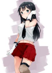 Rule 34 | 10s, 1girl, agano (kancolle), akiha (attract), bad id, bad pixiv id, black hair, blue eyes, breasts, gloves, hand in own hair, kantai collection, kskasutera, long hair, navel, necktie, simple background, single thighhigh, skirt, solo, standing, thighhighs, white background, white gloves