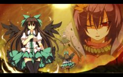 Rule 34 | &gt;;d, 2girls, ;d, ahoge, black hair, black legwear, black skirt, black wings, blush, bow, breasts, brown hair, center frills, collared shirt, debris, eye contact, female focus, fire, floating, frilled skirt, frills, from behind, green bow, green skirt, guriserin, hair between eyes, hair bow, hair ornament, half-closed eyes, hand on own chest, leaf, leaf hair ornament, legs together, letterboxed, light rays, long hair, long skirt, long sleeves, looking at another, looking at viewer, medium breasts, multiple girls, multiple views, naughty face, one eye closed, open mouth, pleated skirt, puffy short sleeves, puffy sleeves, purple hair, red eyes, red shirt, reiuji utsuho, rock, rope, shirt, short hair, short sleeves, sidelocks, skirt, skirt set, smile, standing, sunbeam, sunlight, surprised, thigh gap, thighhighs, touhou, turtleneck, v-shaped eyebrows, very long hair, white shirt, wide-eyed, wings, wink, yasaka kanako, zettai ryouiki